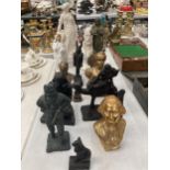 A QUANTITY OF CERAMIC, METAL AND BRASS FIGURINES TO INCLUDE TWO BUSTS, A CAMEL, EGYPTIAN STYLE,