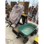 AN ASSORTMENT OF ITEMS TO INCLUDE A FOUR WHEELED GARDEN TROLLEY AND A FOLDING TEAK CHAIR ETC