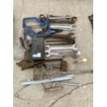 AN ASSORTMENT OF TOOLS TO INCLUDE SPANNERS AND CLAMPS ETC