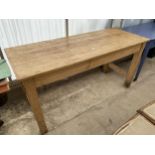 A VICTORIAN STYLE PINE KITCHEN TABLE ON SQUARE LEGS, 59.5X23.5"