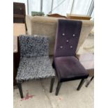 A MODERN DINING CHAIR WITH DIAMOND EFFECT STUDDED BACK AND SMALLER CHAIR WITH BLACK AND WHITE DESIGN