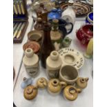 A COLLECTION OF BREWERY RELATED ITEMS TO INCLUDE STONEWARE BOTTLES, WATER JUG, DIMPLE BOTTLE, PLUS A