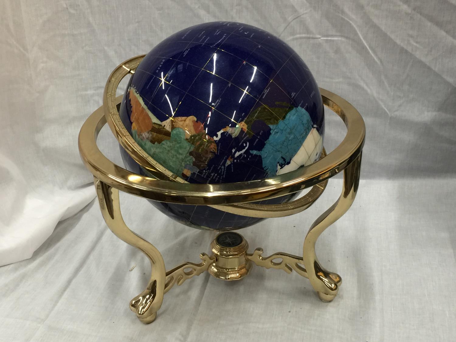 A GLOBE WITH MOTHER OF PEARL INLAYS ON BRASS ROTATING STAND H: 45CM - Image 7 of 8