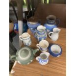 A QUANTITY OF MILK JUGS TOGETHER WITH A GREEN WEDGWOOD JASPERWARE TEAPOT A/F, BISCUIT BARREL AND