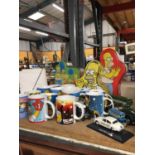 A QUQNTITY OF 'THE SIMPSONS' CARTOON MUGS FEATURING HOMER, THREE VINTAGE 'SIMPSONS' TINS PLUS FIVE