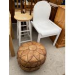 A MODERN STOOL, LEATHER POUFFE AND RETRO WHITE PAINTED BENTWOOD CHAIR