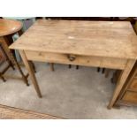 A VICTORIAN PINE SIDE TABLE ON TAPERED LEGS WITH SINGLE DRAWER, 35.5X21"