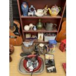 A LARGE ASSORTMENT OF ITEMS TO INCLUDE FASHION WATCHES, CERAMIC TEAPOTS AND A SILVER PLATE TRAY ETC