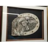 A FRAMED 3D LEATHER ARTWORK OF TWO HORSES W: 45CM