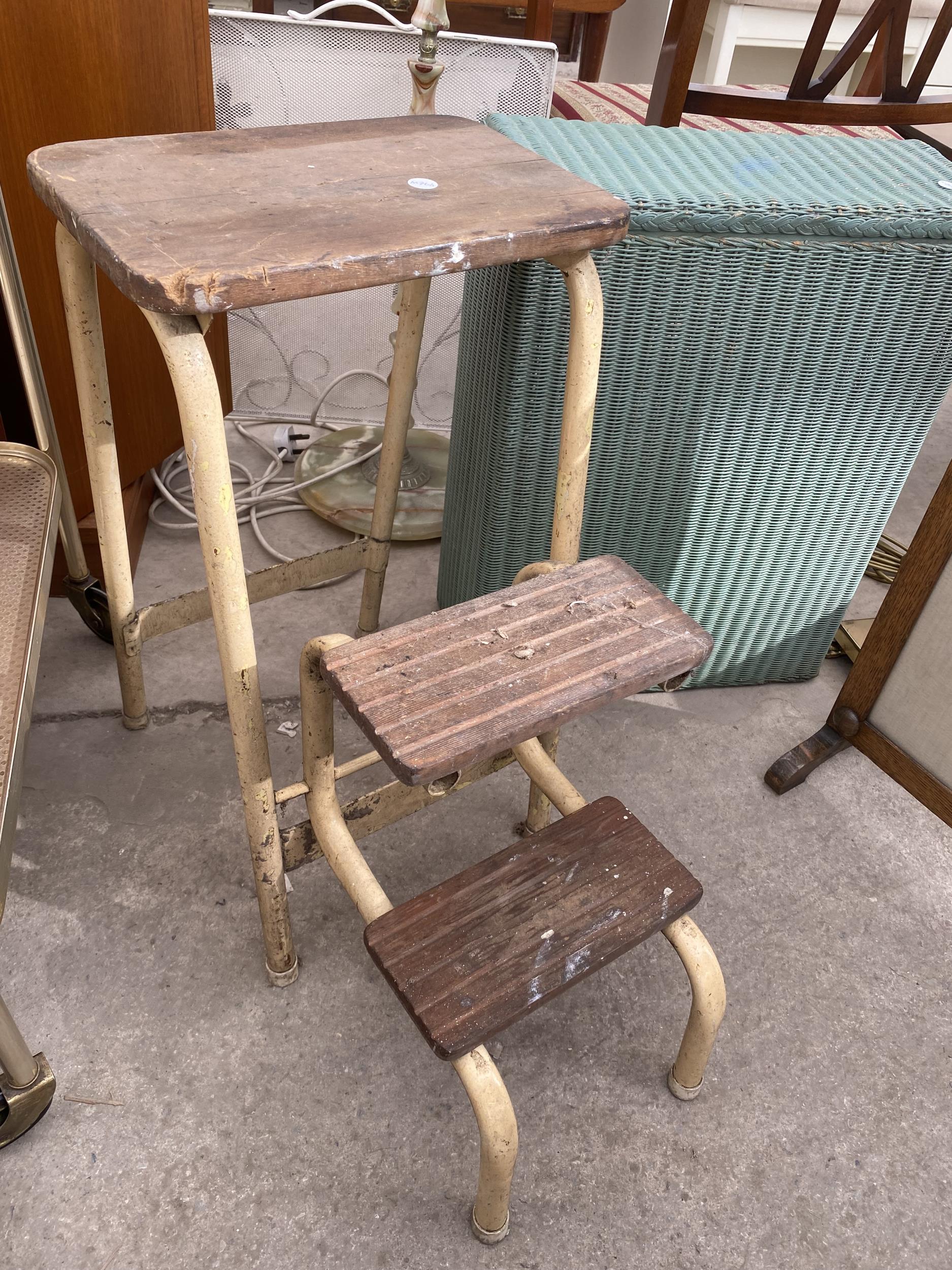 A LLOYD LOOM LINEN BASKET, NEEDLEWORK OAK FRAMED FIRESCREEN AND STEP STOOL - Image 3 of 5