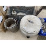 AN ASSORTMENT OF GALVANISED ITEMS TO INCLUDE A COOKING POT, A TROUGH AND BUCKETS ETC