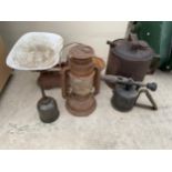 AN ASSORTMENT OF VINTAGE ITEMS TO INCLUDE KITCHEN SCALES, AN OIL CAN AND A PARAFIN LAMP ETC