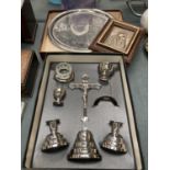 A VINTAGE BOXED SILVER PLATED PORTABLE COMMUNION SET AND A RELIGIOUS ICON