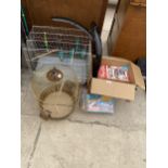 AN ASSORTMENT OF ITEMS TO INCLUDE TWO BIRD CAGES, FISHING RODS AND MAGAZINES ETC