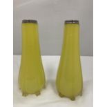 A PAIR OF ACID LEMON COLOURED VASES WITH HALLMARKED BIRMINGHAM SILVER RIMS HEIGHT 20CM