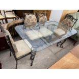 A MODERN GLASS TOP DINING TABLE, 60X36" ON METALWARE BASE AND SIX MATCHING CHAIRS