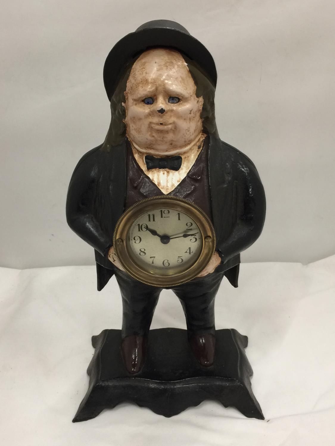 A VERY HEAVY CAST IRON JOHN BULL BLINKING EYE CLOCK H: 40CM - FOR SPARES OR REPAIRS