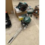 A QUALCAST PETROL HEDGE TRIMMER, A BOSCH ELECTRIC SANDER AND A HYCHIKA CIRCULAR SAW