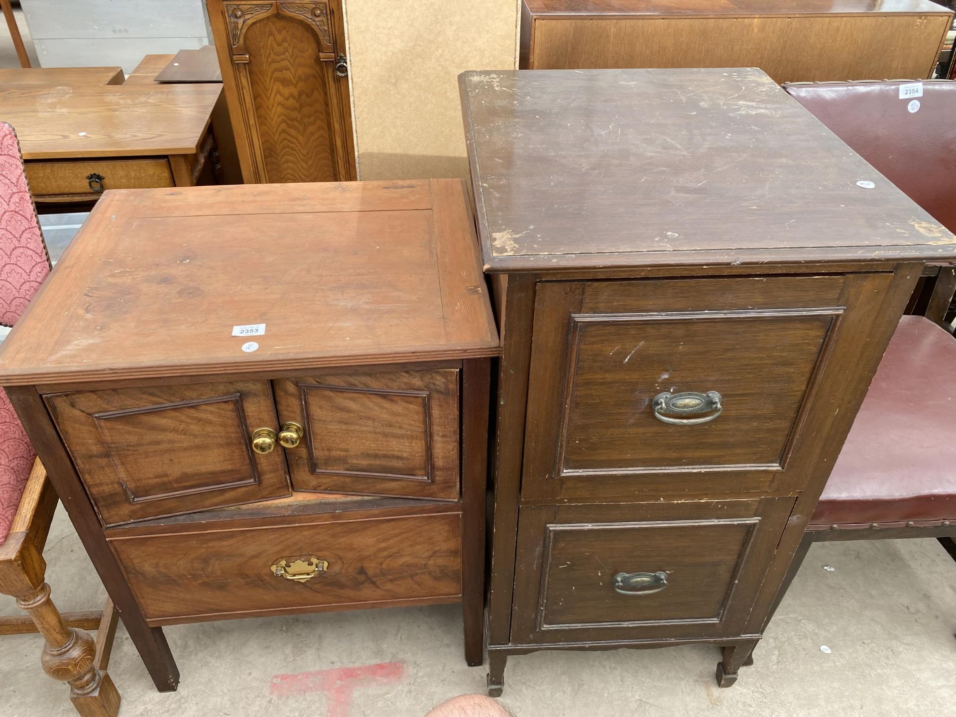 AN EDWARDIAN TWO DRAWER FILING CABINET AND VICTORIAN COMMODE