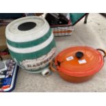 A CERAMIC RASPBERRY BARREL AND A LE CREUSET COOKING POT