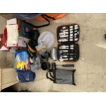 AN ASSORTMENT OF CAMPING EQUIPMENT TO INCLUDE A HEATER, A FOOT PUMP AND TIN MUGS ETC