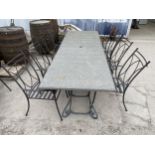 A WROUGHT IRON GARDEN FURNITURE SET COMPRING OF A RECTANGULAR TABLE WITH GRANITE TOP (L:280CM W: