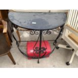 A WROUGHT IRON HALL TABLE, SMALL RED STOOL