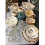 A MIXED LOT TO INCLUDE JUGS, PLANTERS, PLATES, STORAGE CONTAINERS, GLASS JELLY MMOULDS, ETC
