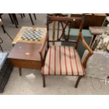 AN 'A MORCO PRODUCT' SEWING BOX/TABLE AND ELBOW CHAIR