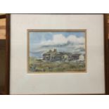A PAIR OF FRAMED WATERCOLOURS OF HATHERSAGE AND THE CAT AND FIDDLE INN IN BUXTON - 32 X 28 CM TO