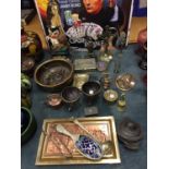 A QUANTITY OF MAINLY BRASSWARE TO INCLUDE FOOTED BOWLS, BOXES, A PLAQUE, FIGURES PLUS AN OWL
