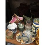 A LARGE URN STYLE VASE, AN ARTHUR WOOD LARGE JUG, PLANTERS, HONEYPOT, FRUIT BASKET, VARIOUS OTHER