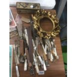 A QUANTITY OF VINTAGE FLATWARE TO INCLUDE MOTHER OF PEARL HANDLED KNIVES AND FORKS, VINTAGE TIN OF