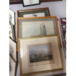 THREE FRAMED PRINTS TO INCLUDE 'A VIEW FROM PETER HOUSE, CAMBRIDGE, A CATHEDRAL AND HARWICH