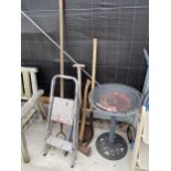 A SMALL STEP LADDER, A PLASTIC BIRD BATH AND AN ASSORTMENT OF GARDEN TOOLS