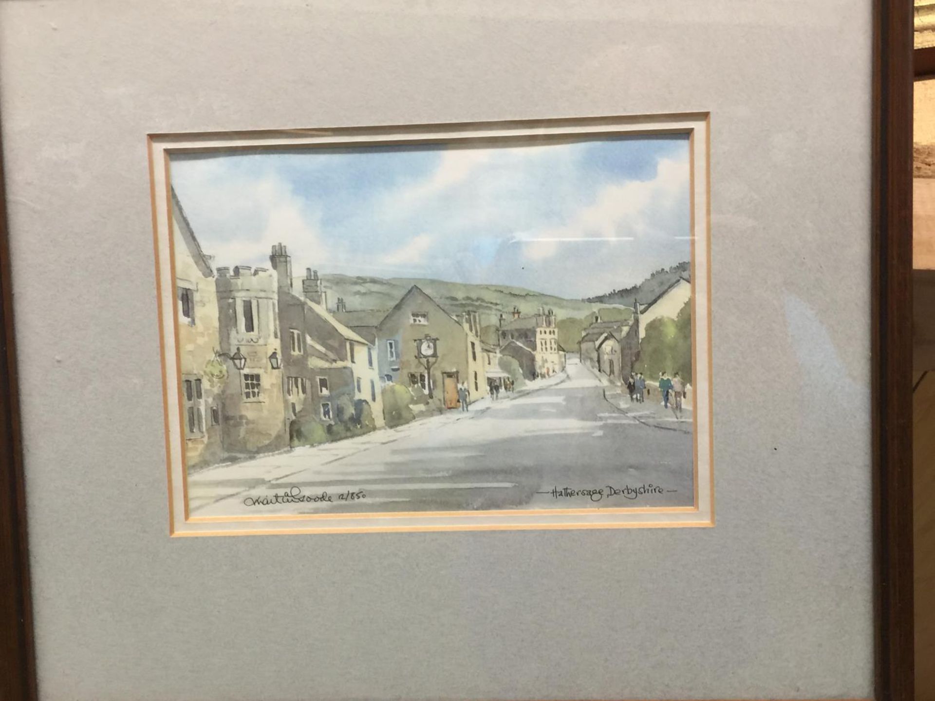 A PAIR OF FRAMED WATERCOLOURS OF HATHERSAGE AND THE CAT AND FIDDLE INN IN BUXTON - 32 X 28 CM TO - Image 2 of 4