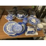A QUANTITY OF BLUE & WHITE CERAMIC WARE TO IJNCLUDE JUGS, PLATES, LARGE SERVING BOWL, COVERED BUTTER
