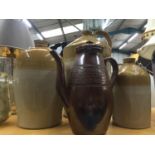 THREE LARGE STONEWARE FLAGONS PLUS A LARGE STONEWARE COFFEE POT