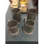 FOUR PEWTER TANKARDS, ONE WITH A FOX HANDLE