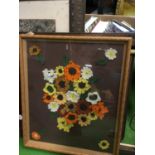 A FRAMED IMAGE OF FLOWERS CROCHET ONTO MATERAL TOGETHER WITH A PENCIL PRINT OF FALLOW DEER IN