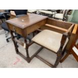 AN OAK L-SHAPED TELEPHONE TABLE SEAT ON TURNED LEGS, WITH SINGLE DRAWER, 34" WIDE