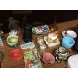 A MIXED LOT TO INCLUDE LADYBIRD BOOKS, FIGURES, A THOMAS THE TANK ENGINE CLOCK, CERAMIC SHELL,