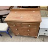 A VICTORIAN PINE CHEST OF TWO SHORT AND TWO LONG DRAWERS WITH RAISED BACK, 34" WIDE