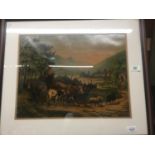 A VINTAGE STYLE PRINT OF A PATORAL SCENE WITH COWS, ETC PLUS A LAWSON WOOD VINTAGE 'MONKEY' PRINT
