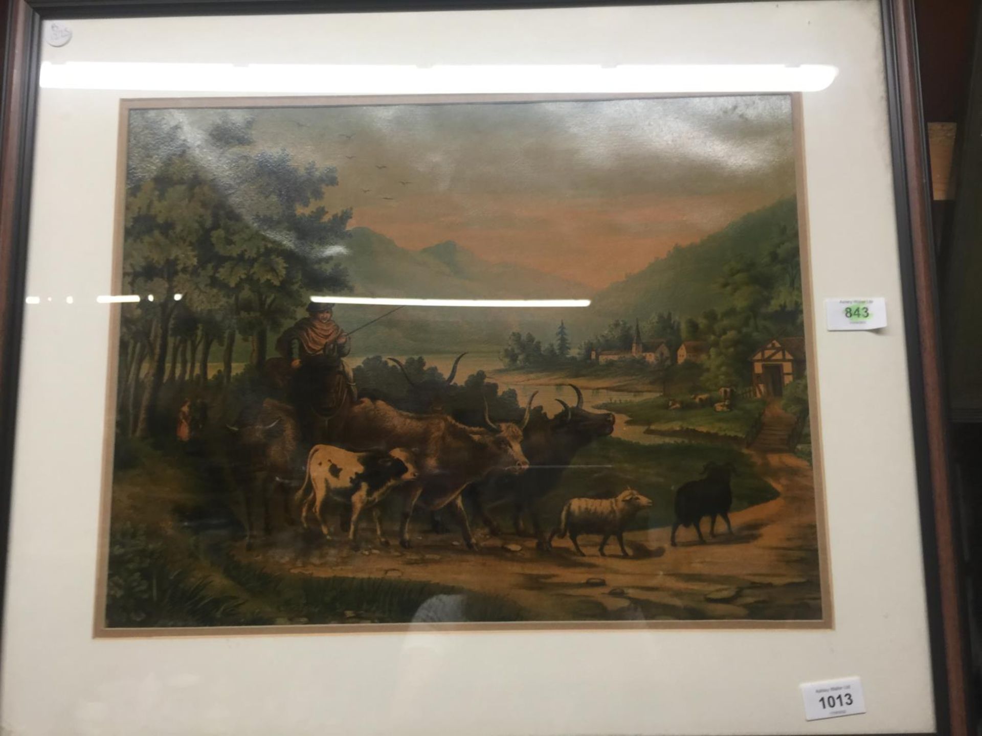 A VINTAGE STYLE PRINT OF A PATORAL SCENE WITH COWS, ETC PLUS A LAWSON WOOD VINTAGE 'MONKEY' PRINT