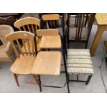 A PAIR OF VICTORIAN STYLE KITCHEN CHAIRS, TWO FOLDING STOOLS AND SMALL STOOL