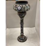 A HEAVY METAL ARABIC STYLE JARDINIERE WITH ENAMEL DETAILING H: 60CM