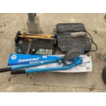 AN ASSORTMENT OF TOOLS TO INCLUDE AN ELECTRIC TILE CUTTER AND A PIPE BENDER ETC