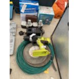 AN ASSORTMENT OF ITEMS TO INCLUDE A RYOBI BATTERY DRILL, A WORK LIGHT AND A HANGING SCALE ETC