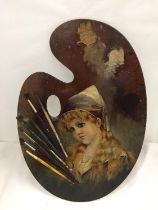 A VICTORIAN ARTISTS OIL PAINTED PALLET AND BRUSHES